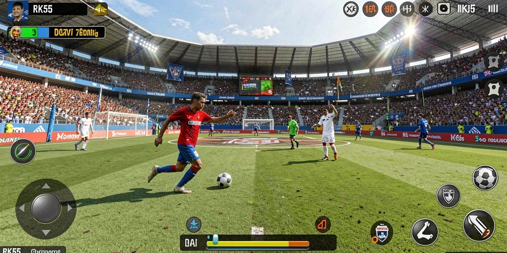 Gameplay RK55 menampilkan aksi seru dalam pertandingan sepak bola.